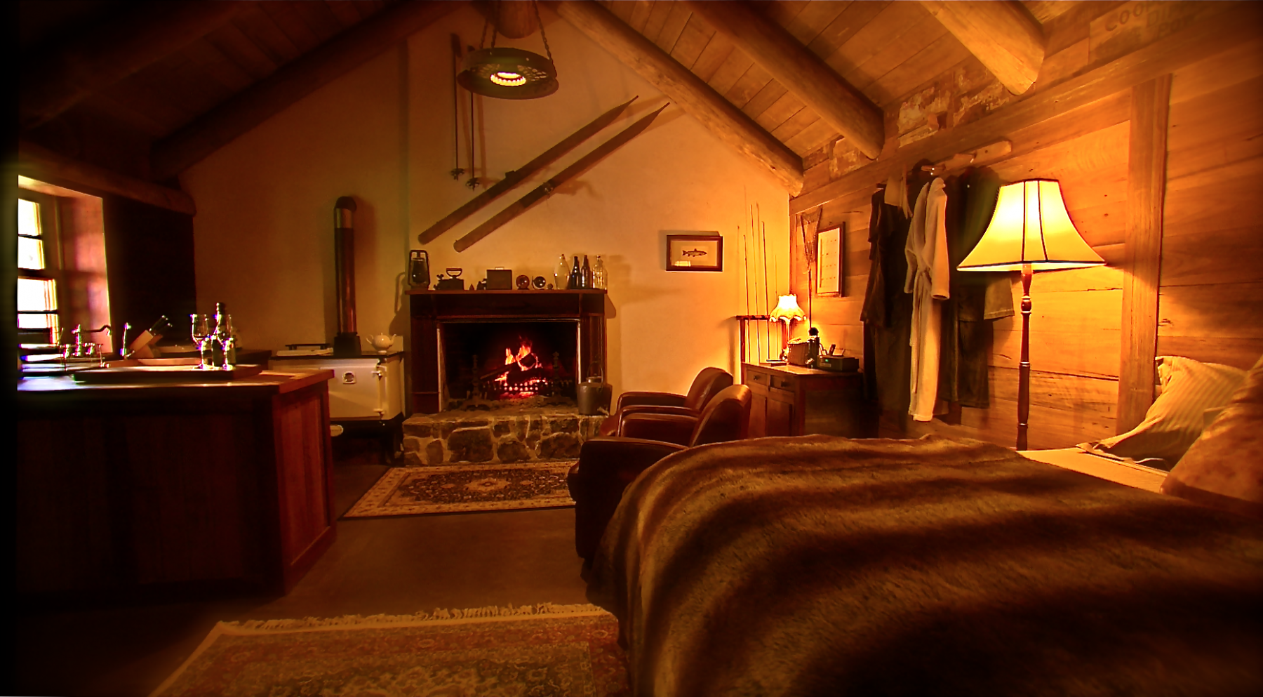 Cosy fireplace accomodation River Hut at Moonbah Hut