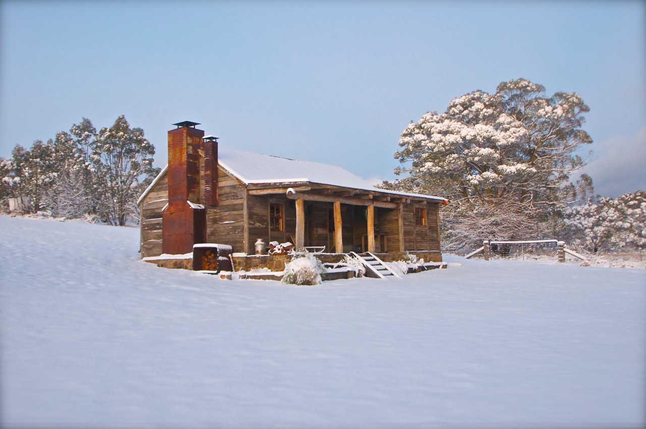 River Hut in Winter Snow at Moonbah Hut Jindabyne Australia